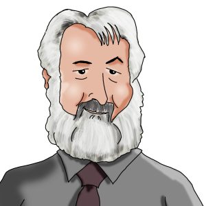 MJ Logan Caricature - white hair, white beard, gray mustache, gray shirt, brown tie.